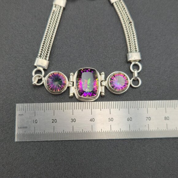 7.5-8 Inch Sterling Silver Triple Mystic Quartz Gemstone Chain Bracelet B872 - Picture 8 of 9